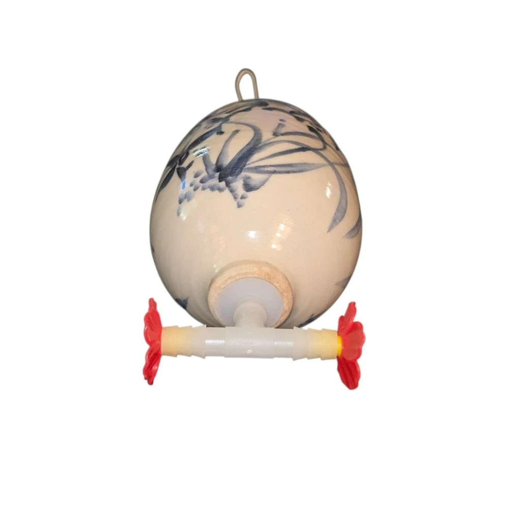 Handmade Hummingbird Feeder Blue Cream Floral Pottery Hanging Decor 8